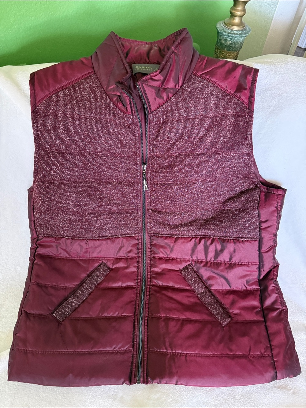 Casual Corner Women's Maroon Quilted Mixed-Media Vest